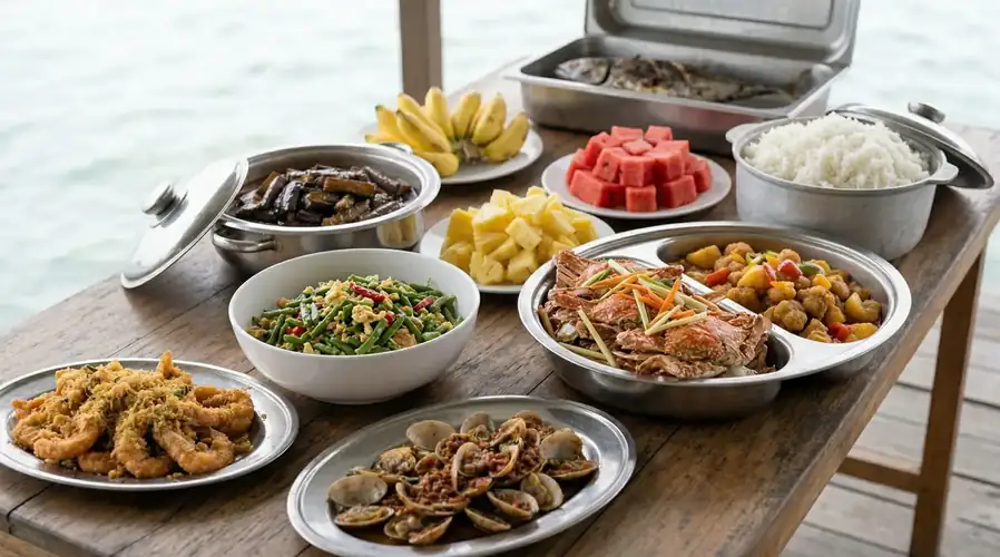 Buffet dining spread with fresh seafood and local dishes at Doris Mataking Resort