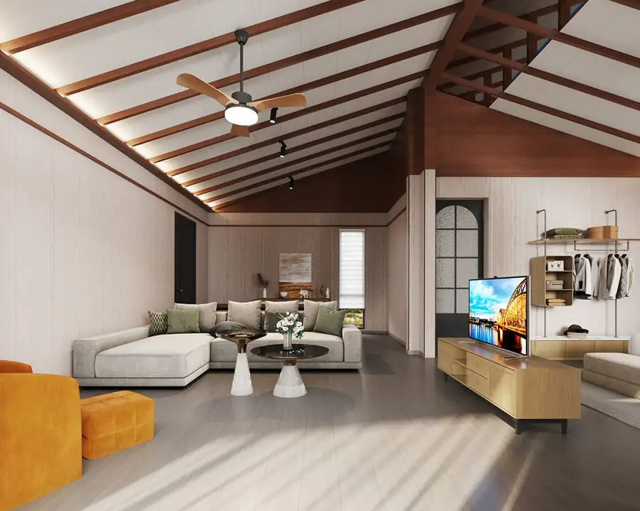 A luxury suite at Doris Mataking Resort featuring a large sectional sofa and modern decor with light timber floors