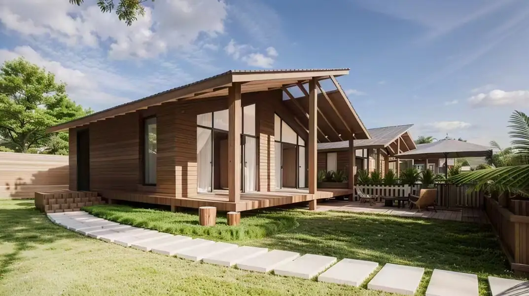 Timber villas designed with local style elements including vaulted roofs and expansive glass windows at Doris Mataking Resort