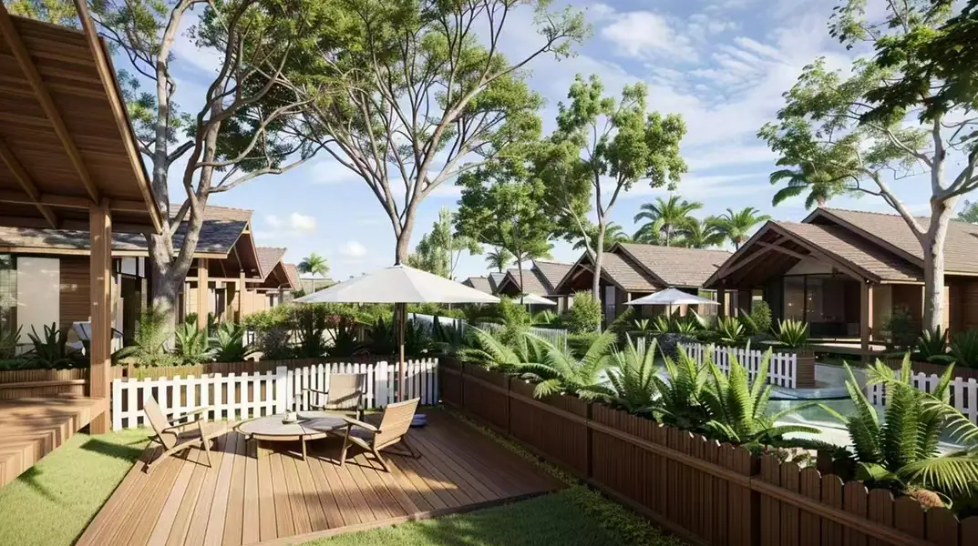 A row of garden-view chalets in a traditional Sabah style with wooden exteriors at Doris Mataking Resort