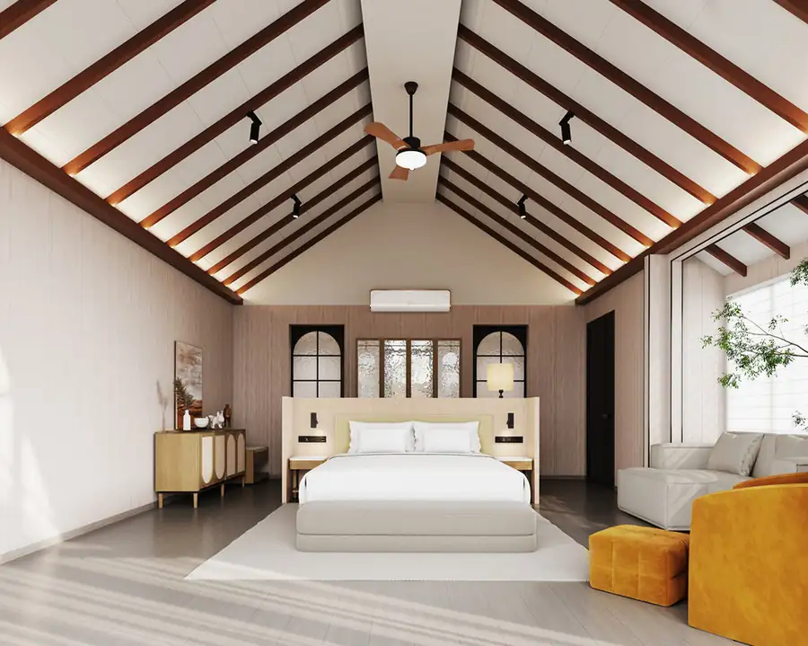 A magnificent bedroom at Doris Mataking Resort on Mataking Island featuring a vaulted timber ceiling, a large bed with a modern headboard, and air conditioning