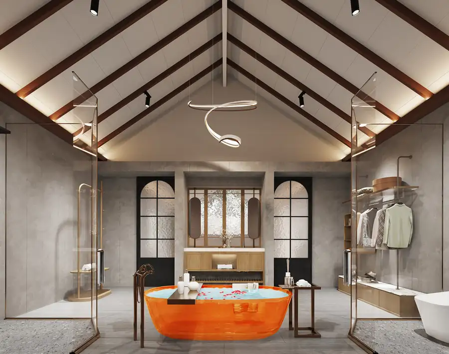 A grand symmetrical bathroom at Doris Mataking Resort with a central amber bathtub and dual glass shower enclosures