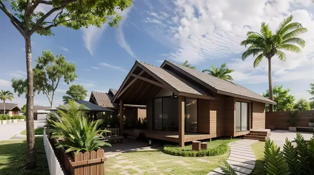 A traditional Sabah style wooden chalet with a sloped roof and large wooden deck at Doris Mataking Resort